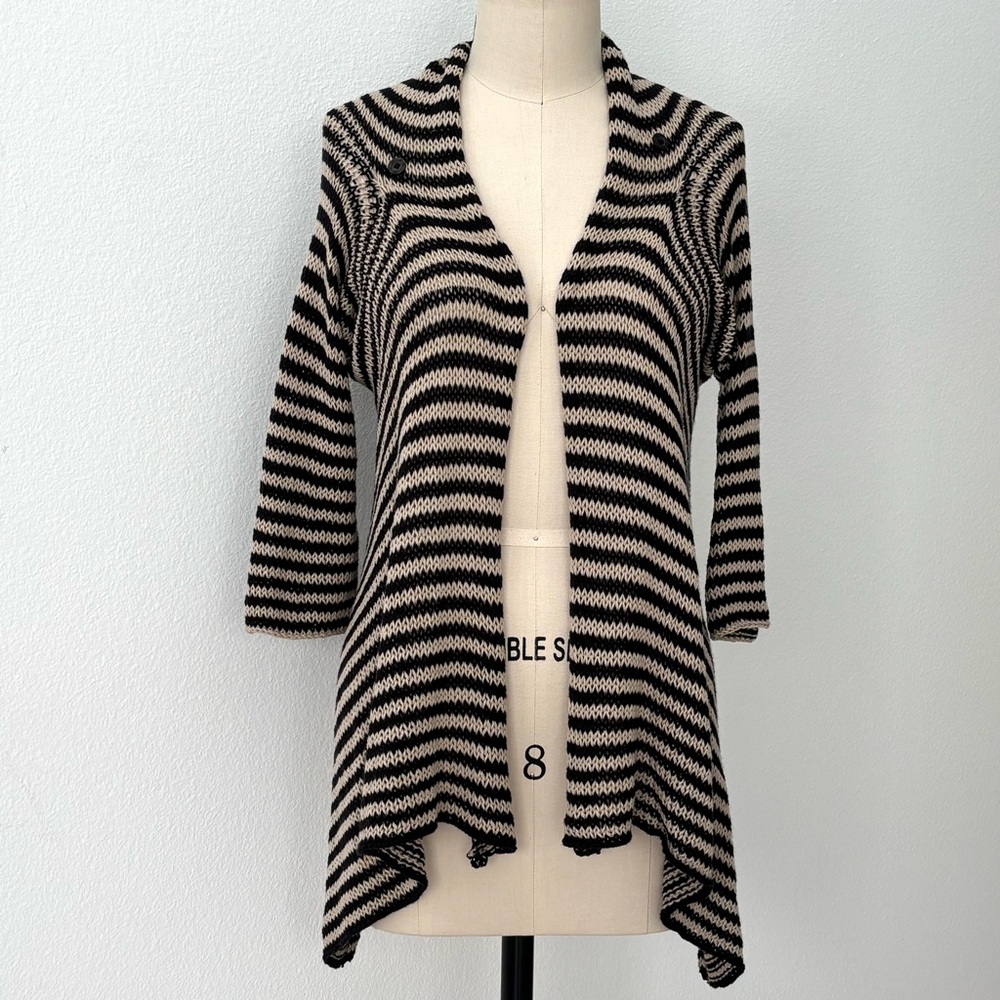 Wooden Ships Striped Long Cardigan NWOT Black & Tan Open-Style Back Detail M/L